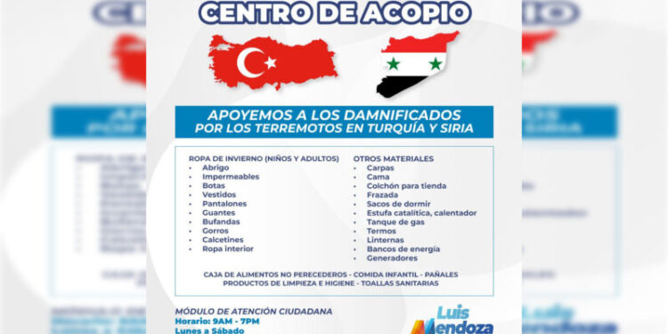 Habilita  Luis Mendoza centro de acopio para damnificados de Turquía y Siria