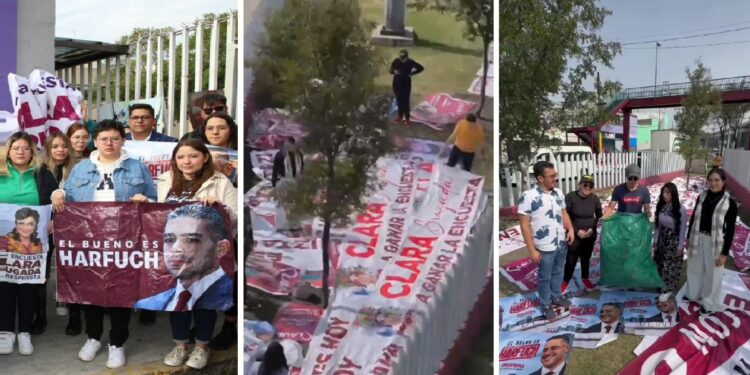 En la esquina de Insurgentes y Puente de Alvarado se dan cita brigadas de promotores de Omar García Harfuch, aspirante de Morena a la Jefatura de Gobierno de la Ciudad de México. Cargan cientos de bolsitas con playeras y gorras que habrán de repartir por las calles de la Alcaldía Cuauhtémoc. FOTOS: X / AlvarezMaynez / Laura Ballesteros