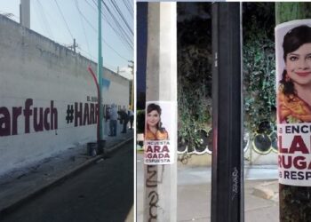 Los aspirantes a la candidatura de Morena para la Jefatura de Gobierno, Clara Brugada y Omar García Harfuch tapizaron la Ciudad de México con pintas en bardas, fotografías pegadas en postes y lonas. FOTOS: X / @JoeCast84 y @Nevyt01