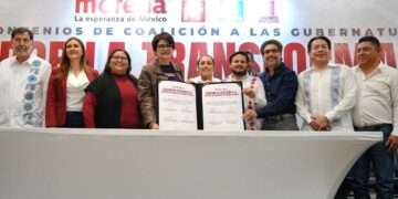 Morena y los partidos Verde Ecologista de México (PVEM) y del Trabajo (PT) firmaron el convenio de coalición para ir juntos en el proceso electoral de 2024 para renovar la Jefatura de Gobierno de la Ciudad de México. FOTO: Morena CDMX