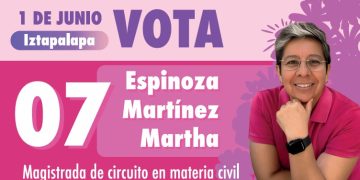Martha Espinoza Martínez, candidata a magistrada de circuito en materia civil por el Distrito 01 de Iztapalapa, identificada en boleta rosa con el número 07, propone impulsar la creación de un organismo civil, apartidista, ciudadano, para regular la actividad de los abogados en el país y así la justicia funcione.