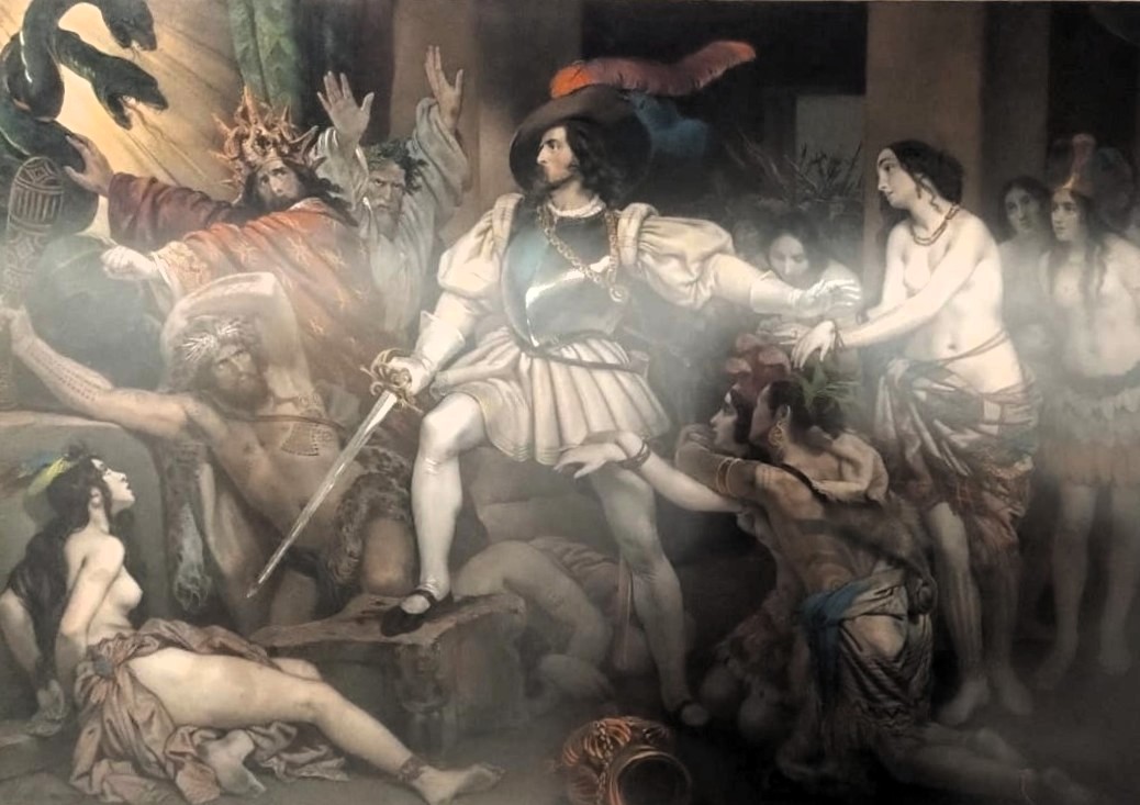 FOTO del cuadro que se encuentra en el Museo de América de Madrid, “‘Hernán Cortés se opone a los sacrificios humanos’, ‘Representación Romántica sobre la llegada a México de los españoles, inspirada en la ópera Hernán Cortés de G. Spontini’. Nicolas Eustache Maurin, Francia. Primera mitad del Siglo XIX. Num. Inv. 00301”.